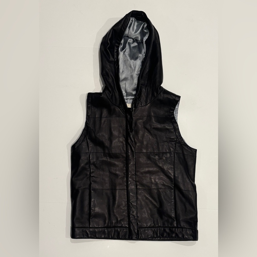 Margaret Godfrey Black Leather Hooded Vest size S